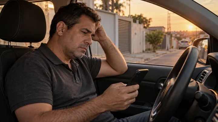 Corretor frustrado olhando o celular dentro do carro parado ao entardecer.